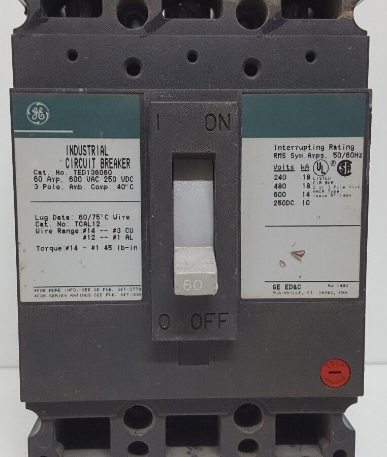 GE TED136060 CIRCUIT BREAKER 3 POLE 60 AMPS 600VAC / TESTED OK