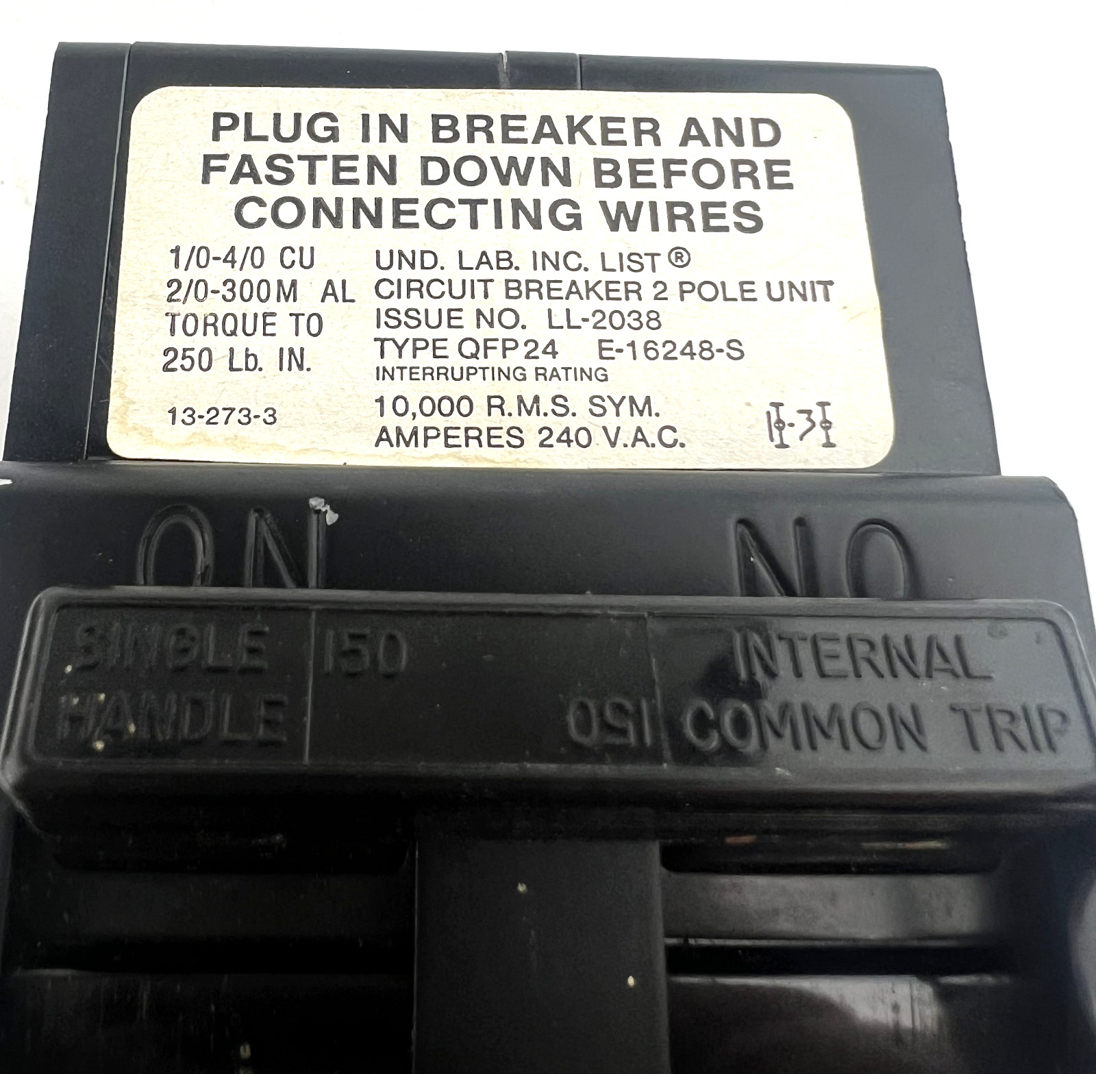 Zinsco 150 Amp 2 Pole Type QFP Circuit Breaker QFP24-150-2 2P 240VAC — NIB