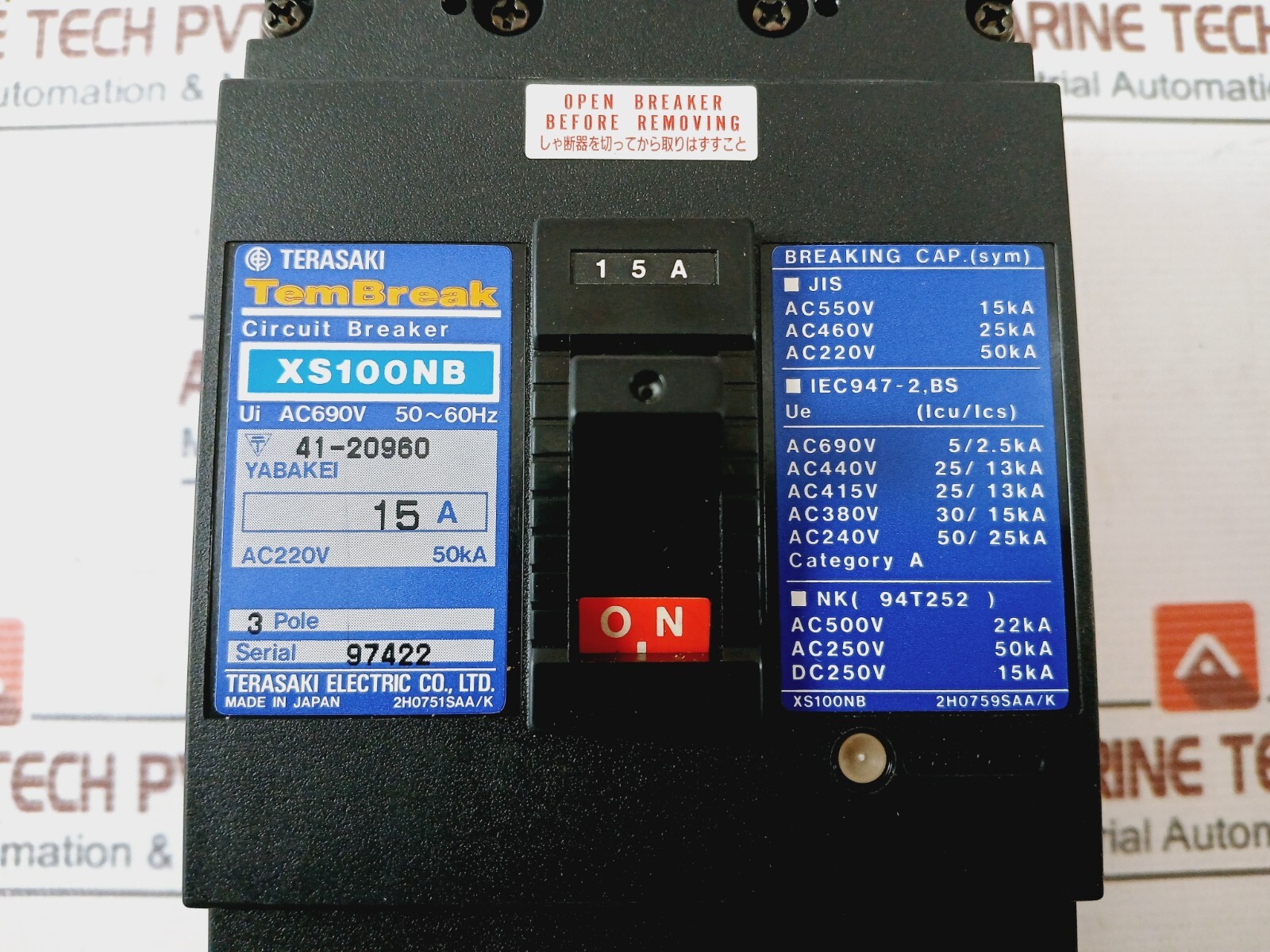 Terasaki XS100NB Tembreak Circuit Breaker 3 Pole AC690V 15A 50~60HZ 41-20960
