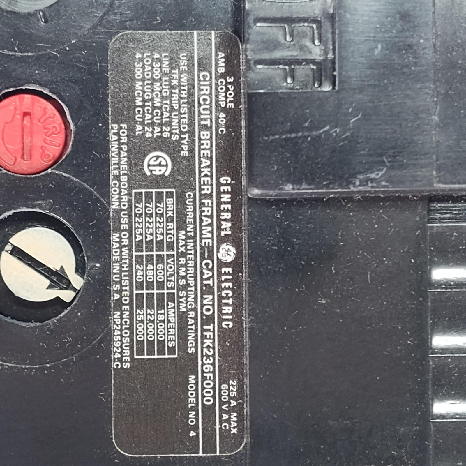 GE TFK236F000 F-225 Main Circuit Breaker Frame 3 Pole 225A 600VAC Black Used