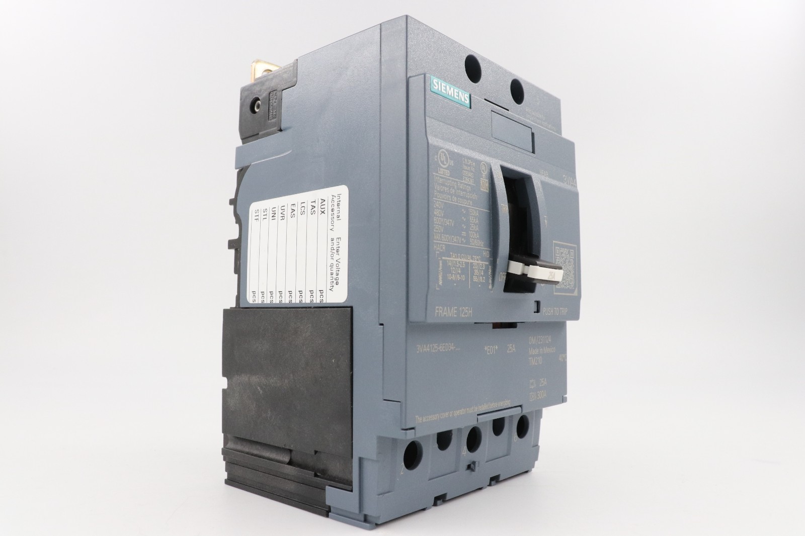 SIEMENS 3VA4125-6ED34-0AA0 25A 3-POLE 600Y/347V CIRCUIT BREAKER, 480V/65KA 240V/