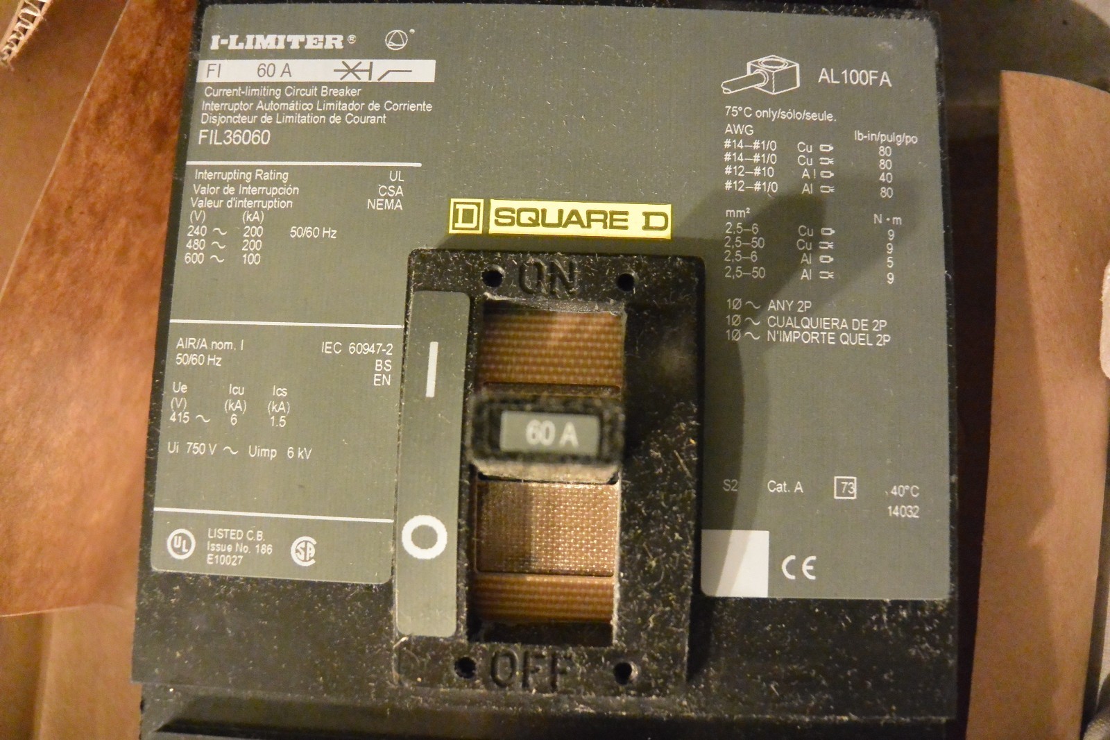 Square D FIL36060 3P 60a 600v Circuit Breaker 200kaic@480v I-Limiter NeW iN BoX