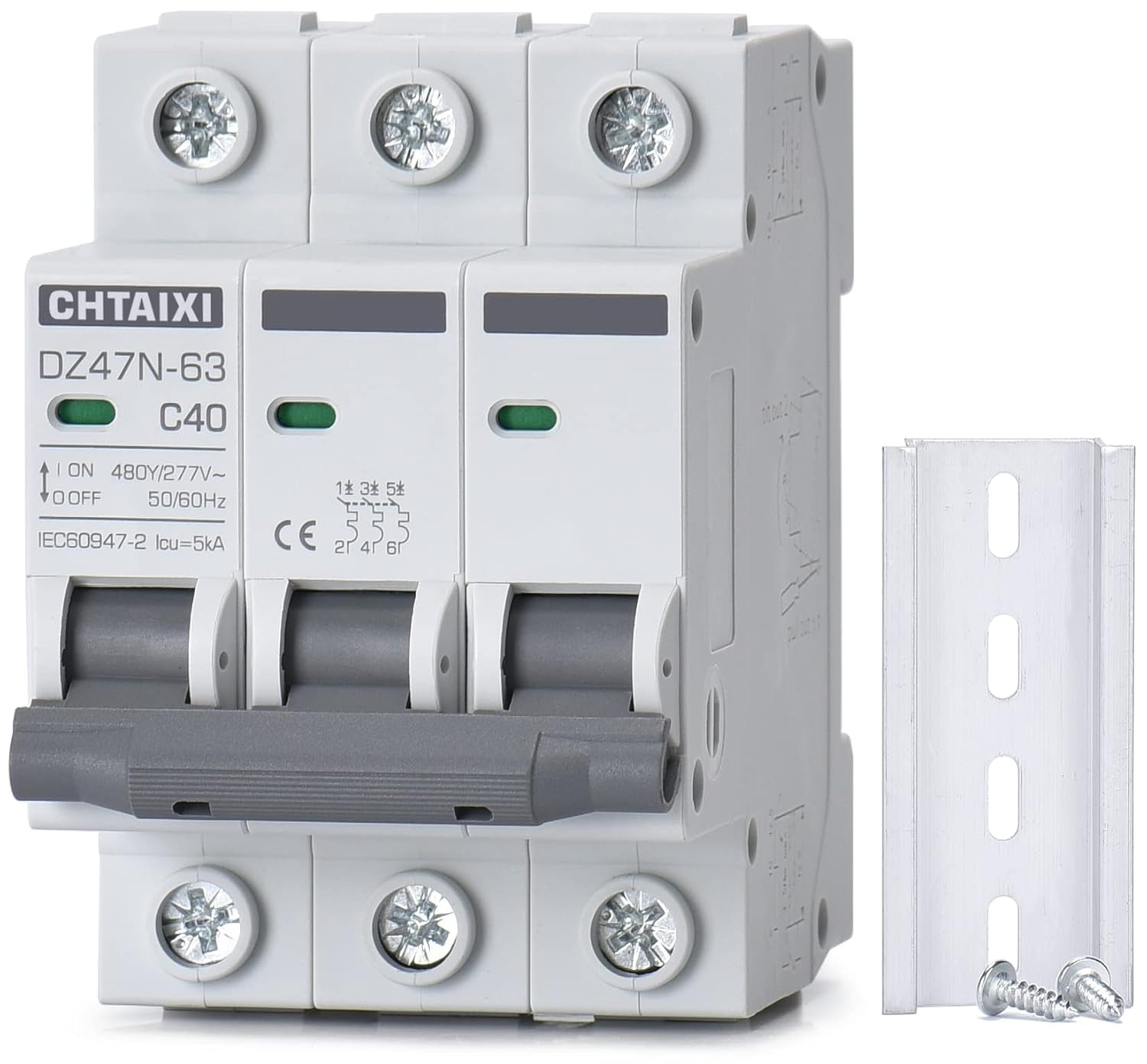 3 Pole DIN Rail Mount Circuit Breaker, 40 Amp 480V AC Miniature Circuit Breaker,