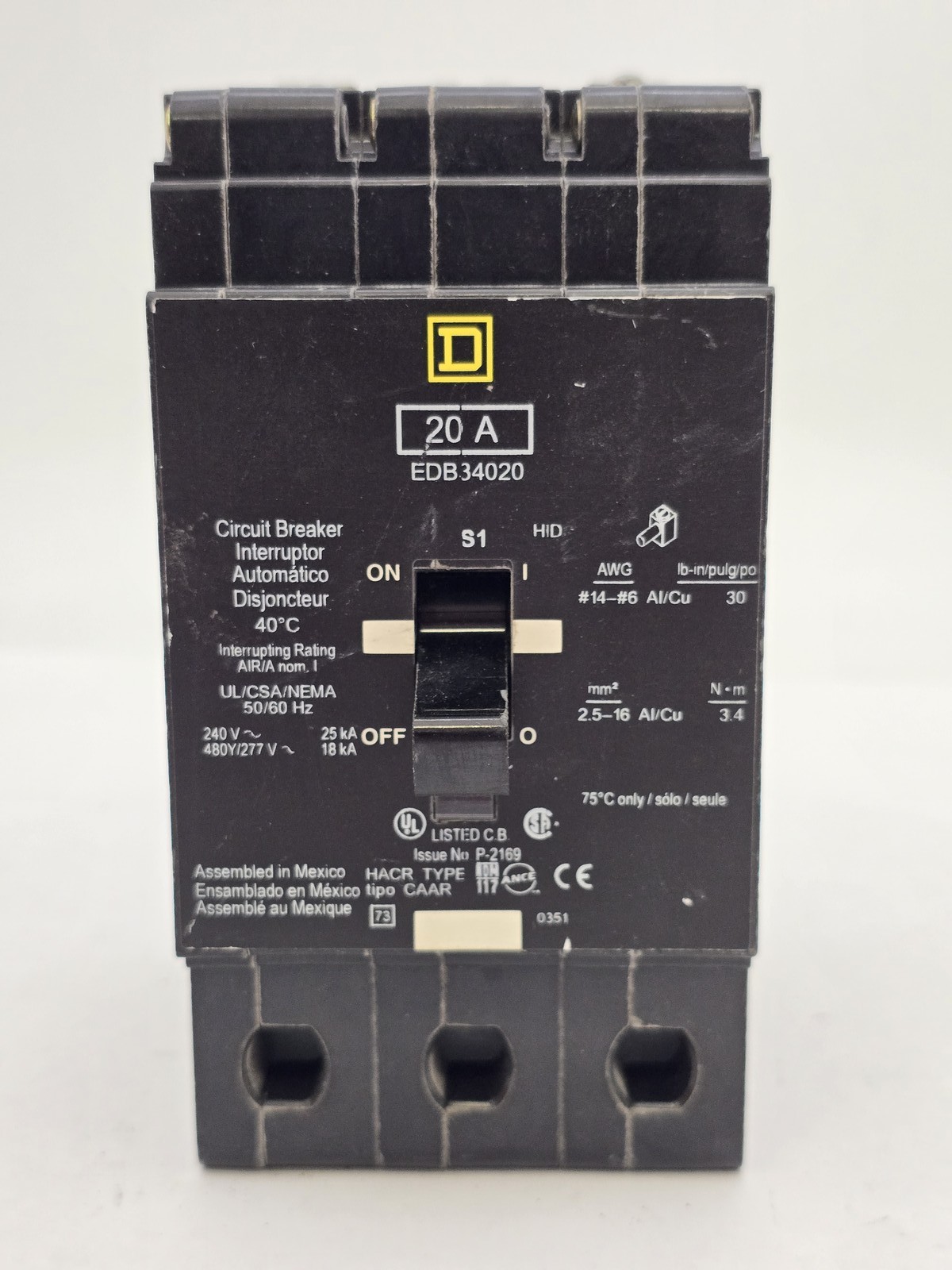Square D EDB34020 Bolt-On Circuit Breaker 20A 3P 480Y/277V EDB
