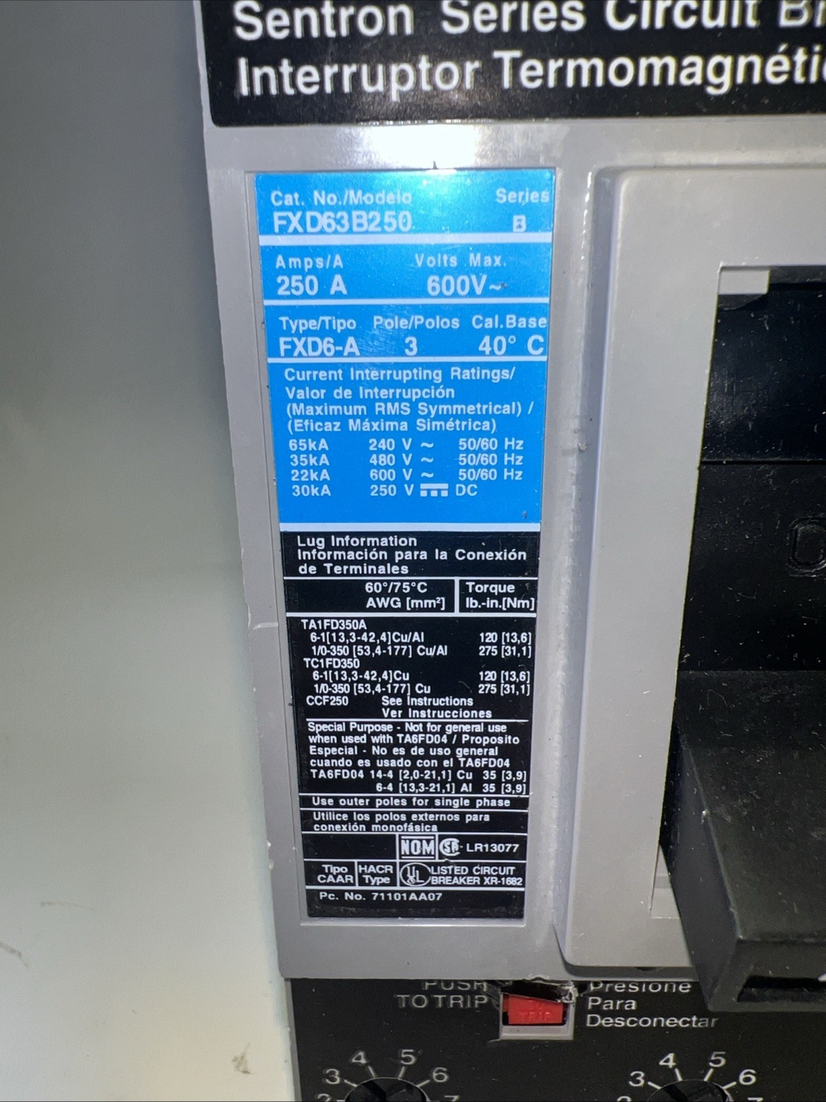 Siemens FXD63B250 Circuit Breaker 3-Pole 250 Amps 600 Voltage
