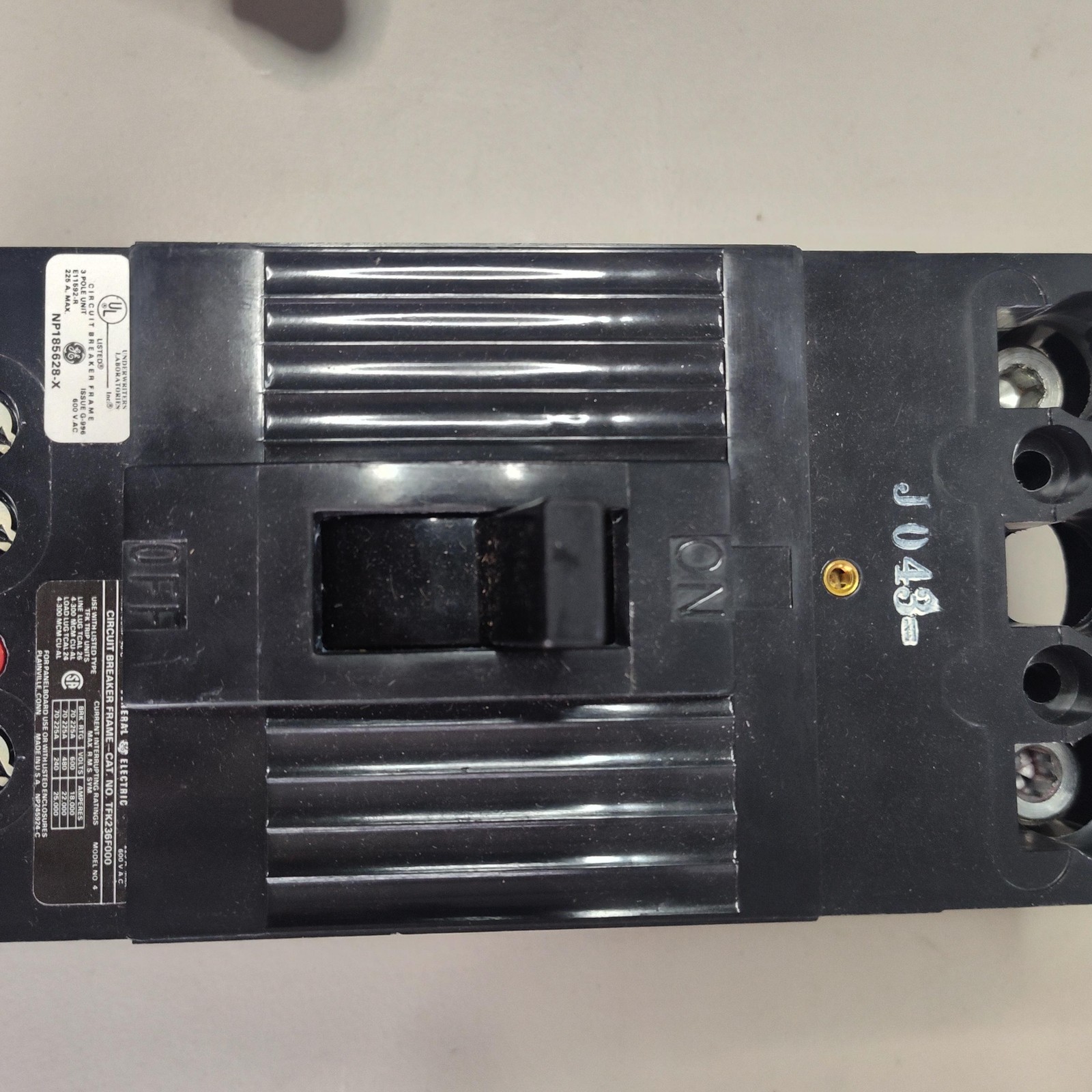 GE TFK236F000 F-225 Main Circuit Breaker Frame 3 Pole 225A 600VAC Black Used