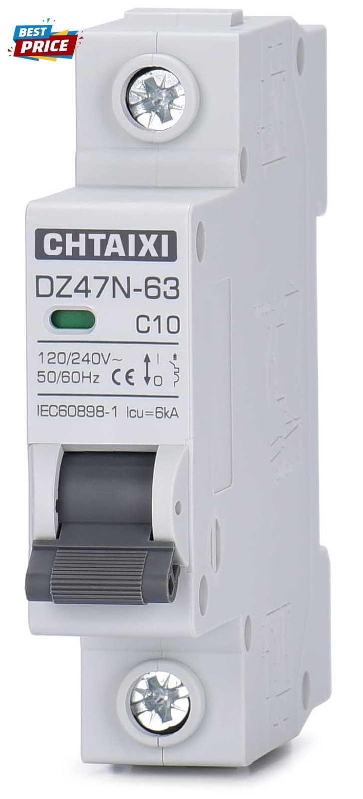 AC Miniature Circuit Breaker, 10 Amp 120V/240V 1 Pole DIN Rail Mount Circuit Bre