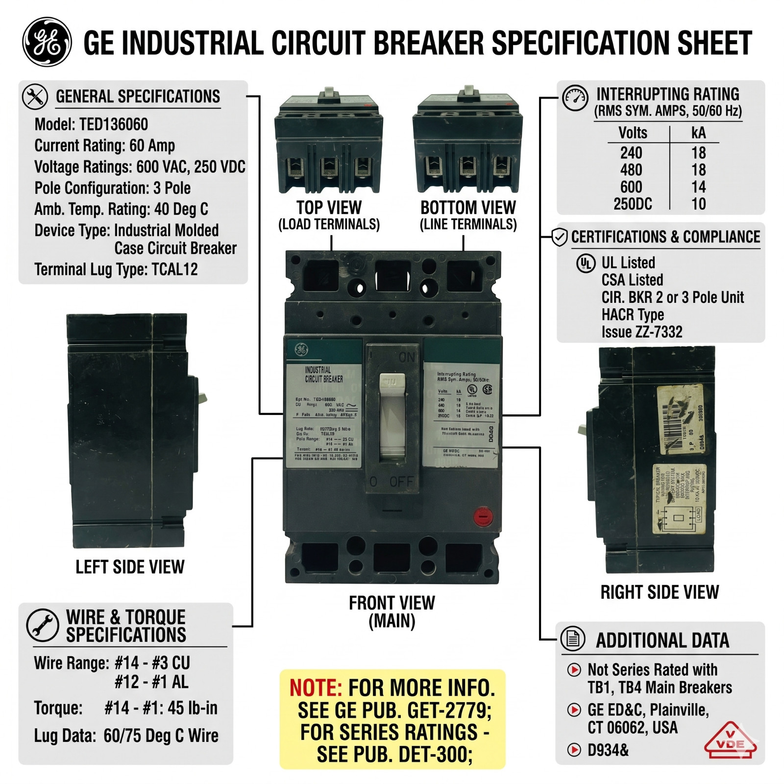 GE TED136060 60A 3 POLE 600VAC 250VDC INDUSTRIAL CIRCUIT BREAKER FREE SHIPPING