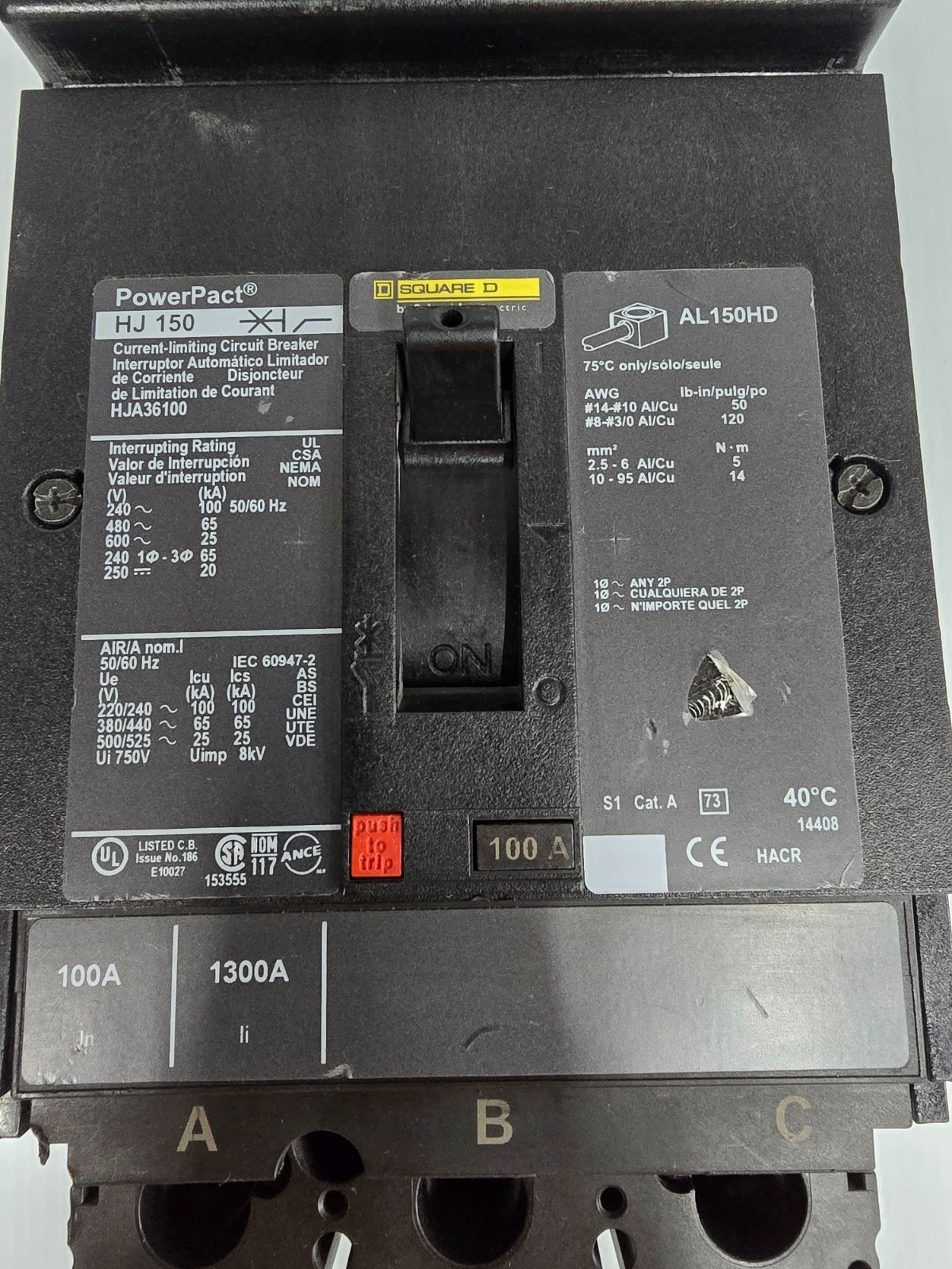 Square D PowerPact 100 Amp I-Line Circuit Breaker 600 VAC 3 Pole 100 kA HJA36100