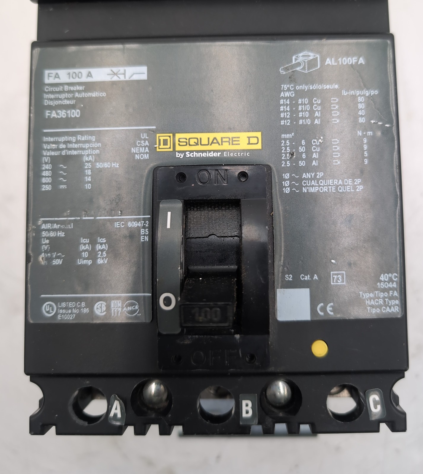 Square D FA36100 I-Line 100 Amp 3 Pole Circuit Breaker 600V