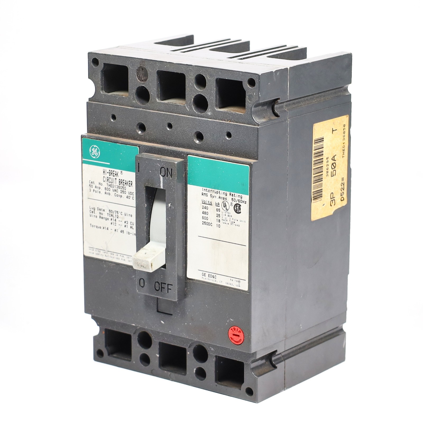 GE 50A Hi-Break Circuit Breaker 3 Pole 600 VAC / 250 VDC 25kA THED136050