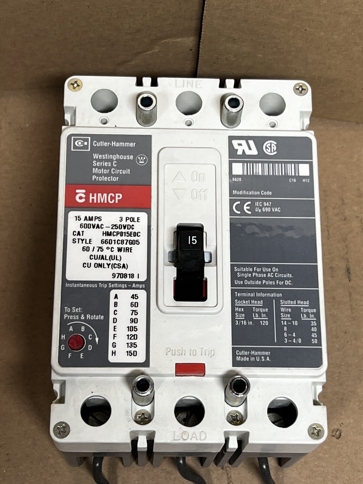 Cutler Hammer Circuit Breaker Series HMCP015E0C 15 amps 3 pole
