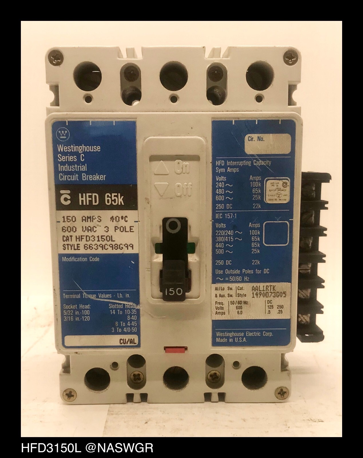 Westinghouse HFD3150L Molded Case Circuit Breaker w/ Aux&Al/Lo Switch ~ 150 Amp