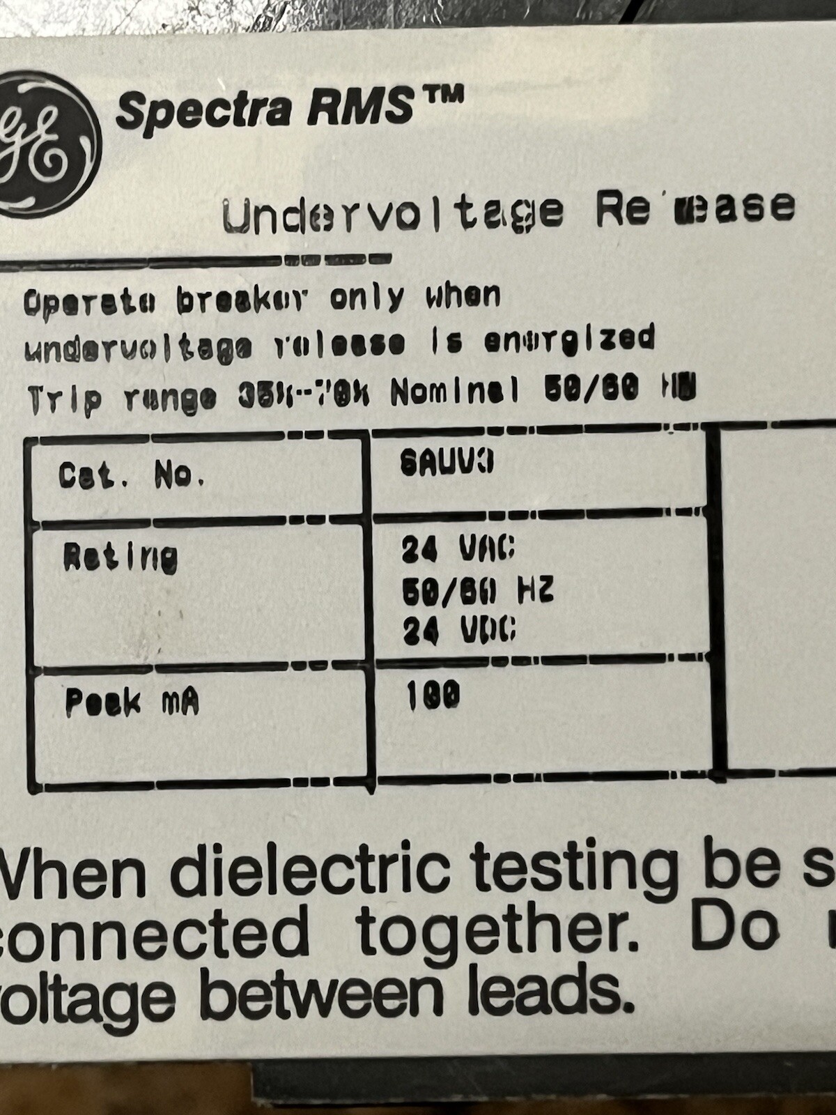 GE Spectra Hi-Break Circuit breaker 80 Amps UV Trip