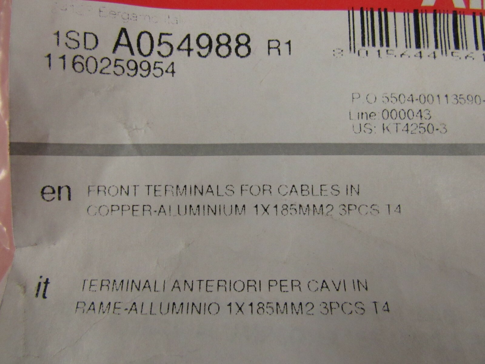 ABB 1SDA054988R1 FRONT TERMINALS FOR CABLES COPPER-ALUMINUM 1X185MM2 3PCS**NIB
