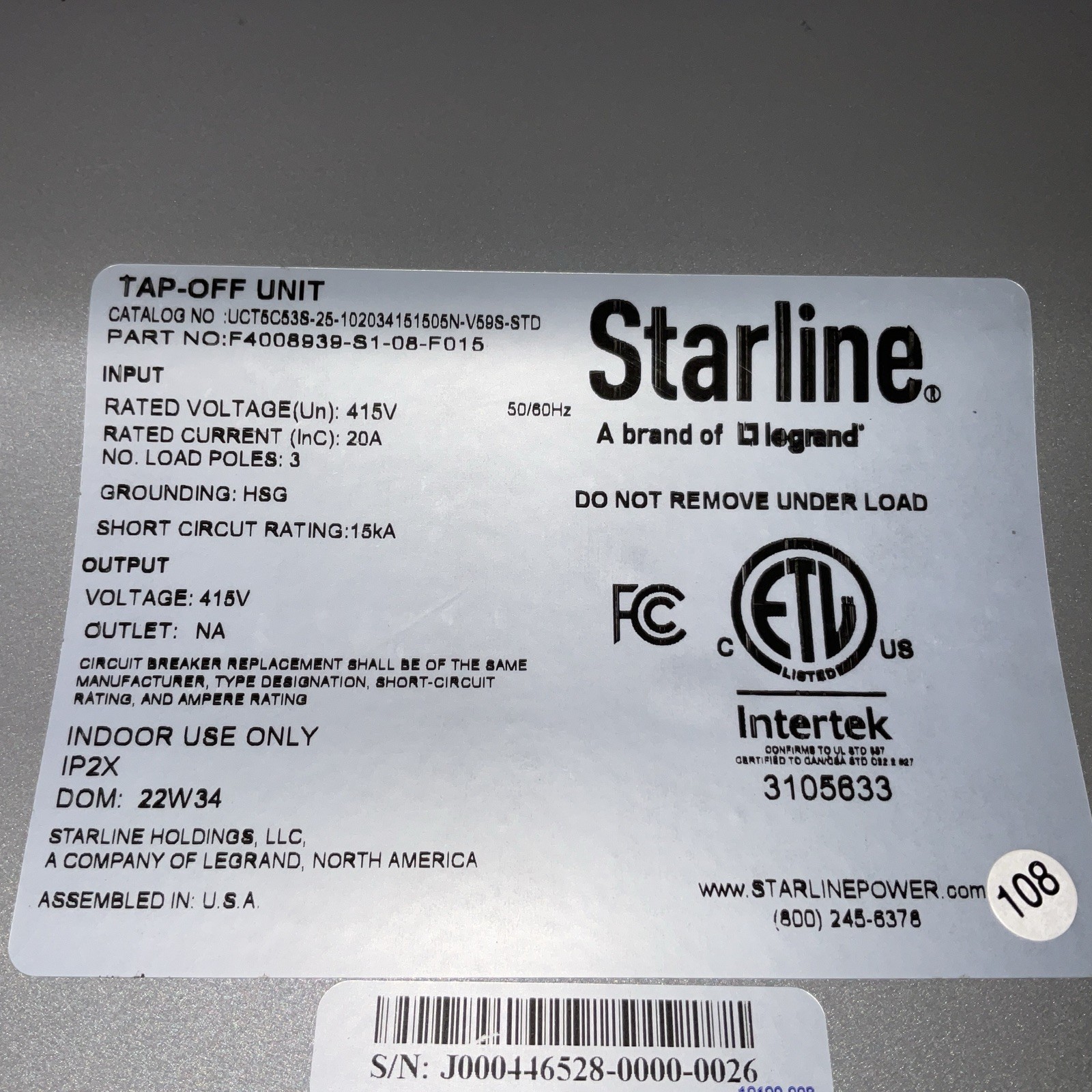 Starline Tap Off Unit / Box 415v 20A, 3 Pole F4008939S108F015 New / Data Center