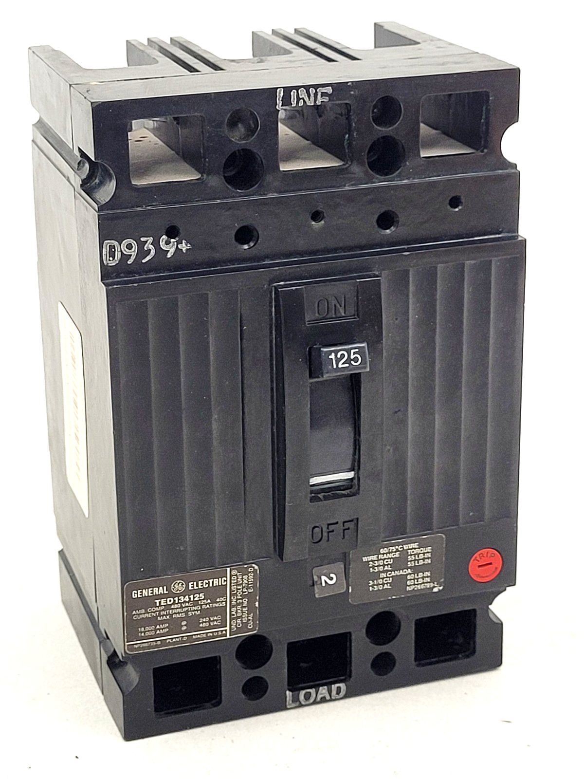 TED134125 GE 125 Amp 480 Volts Circuit Breaker – Next Day Option-Flaw