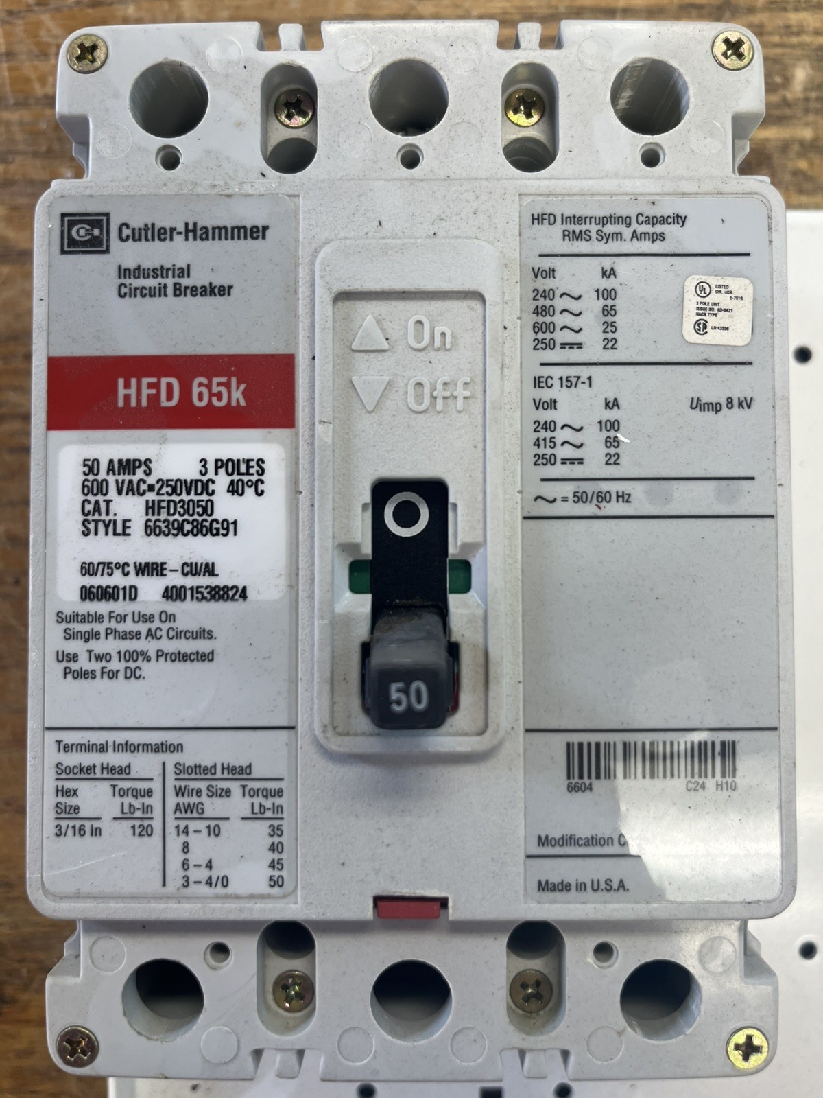 EATON CUTLER HAMMER HFD3050 CIRCUIT BREAKER 50A 600VAC 250VDC 3 POLE HFD 65K