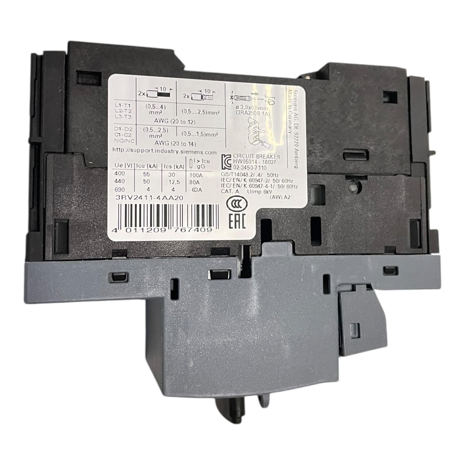 Siemens Circuit Breaker Size S00 for Transformer Protection 10.16A 3RV2411-4AA20