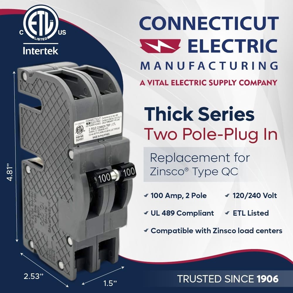 100 Amp 2-Pole Circuit Breaker for Zinsco QCAL100 – Listed Safety Certified