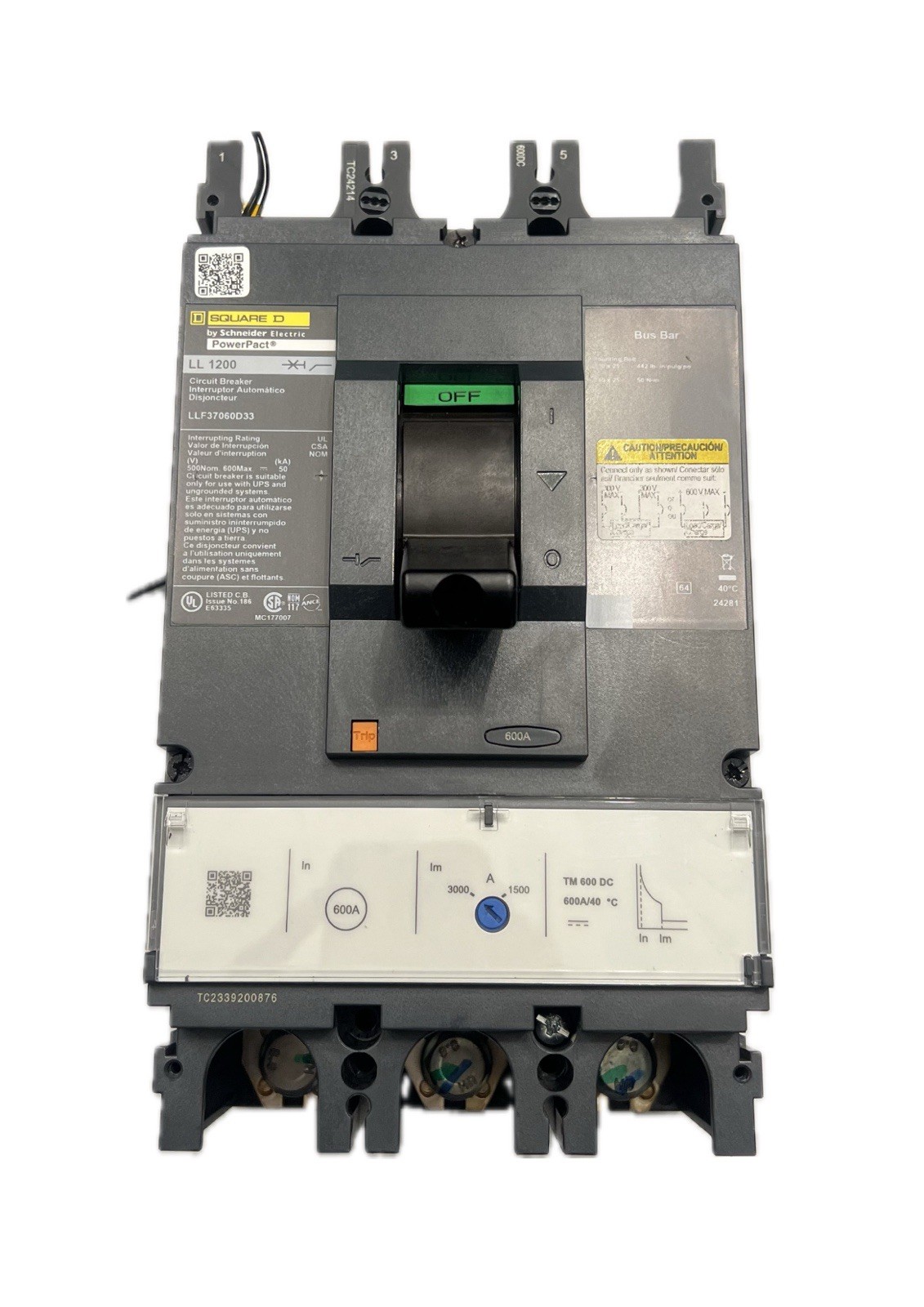 SQUARE D/SCHNEIDER ELECTRIC 600A LL1200 POWERPACT CIRCUIT BREAKER,3P,LLF37060D33