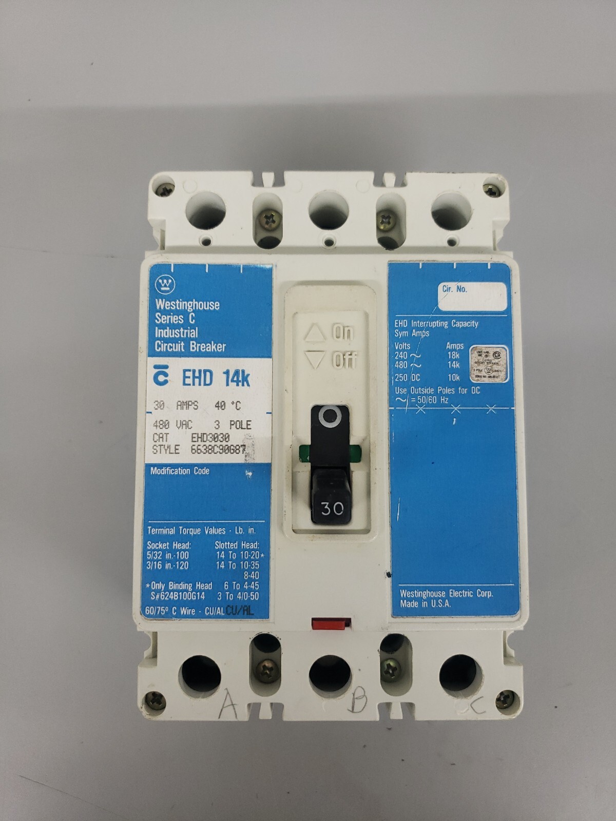 Westinghouse EHD3030 3p 30a 480V Molded Case Circuit Breaker *Blue Label