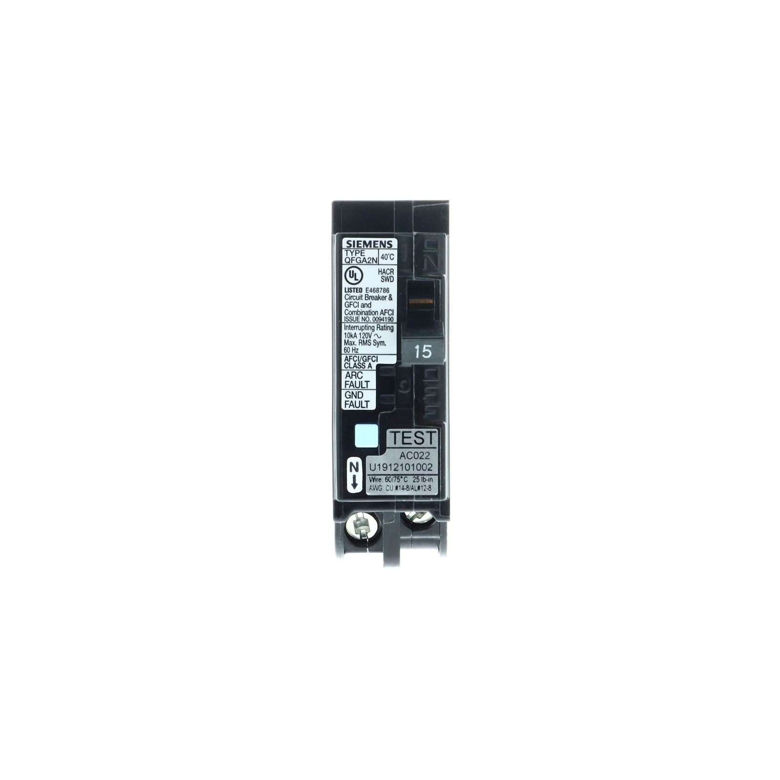 Siemens Q115DFN 15 Amp 1-Pole Dual Function (CAFCI/GFCI) Plug-On Neutral Circ…