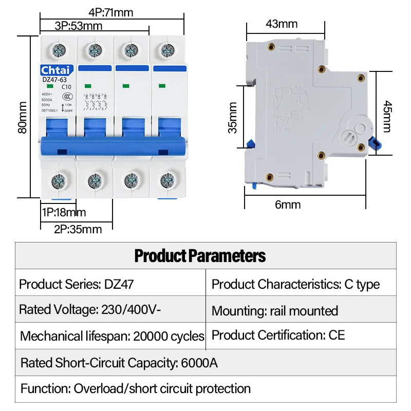 MCB DZ47-63 1P 2P 3P 4P 6A-63A AC 230V/400V C Type Mini Circuit Breaker Overload