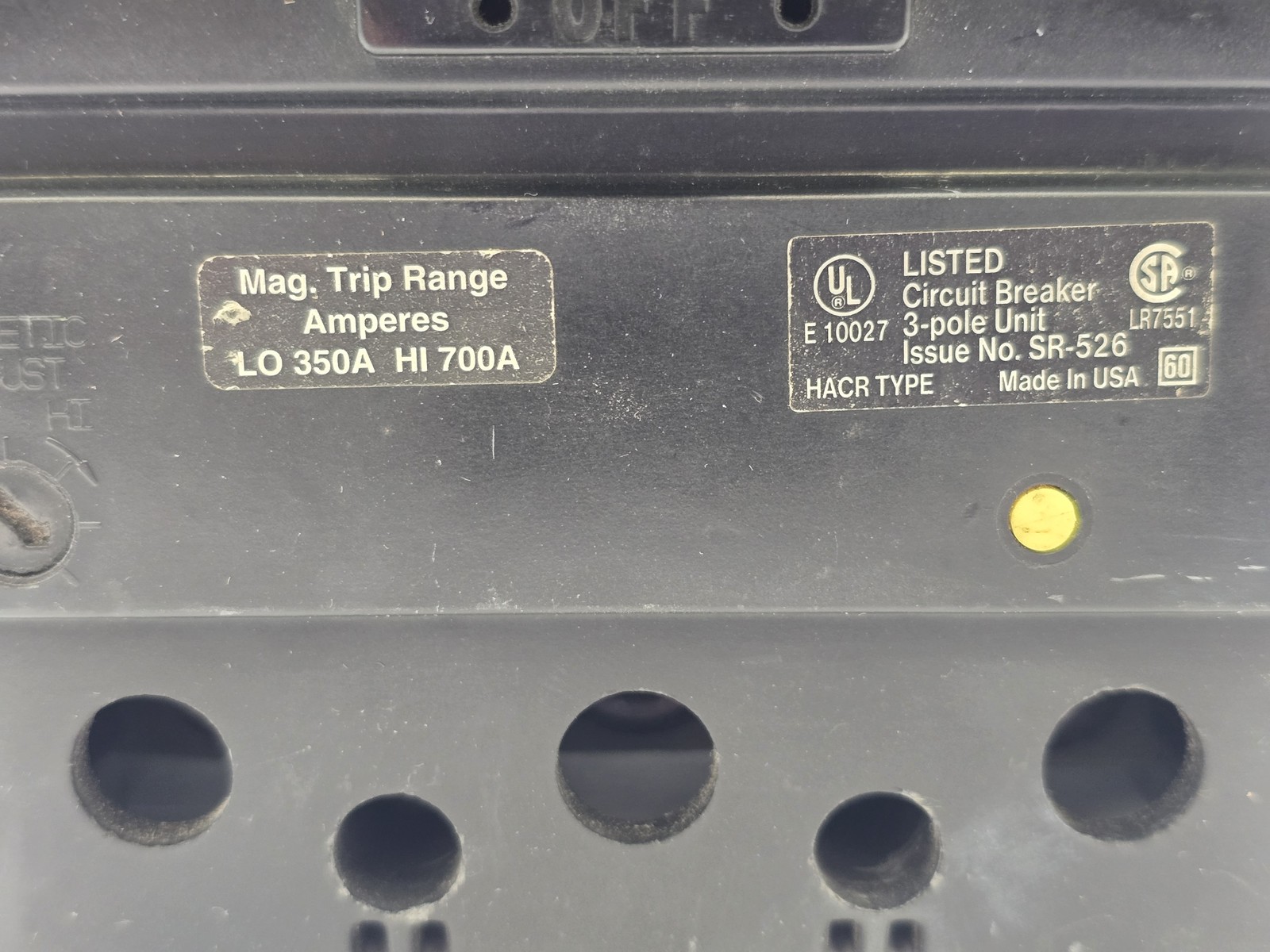 Square D KAL36070 Feed-Thru Circuit Breaker 70A 600VAC 3P 3PH Type KAL 70 Amp