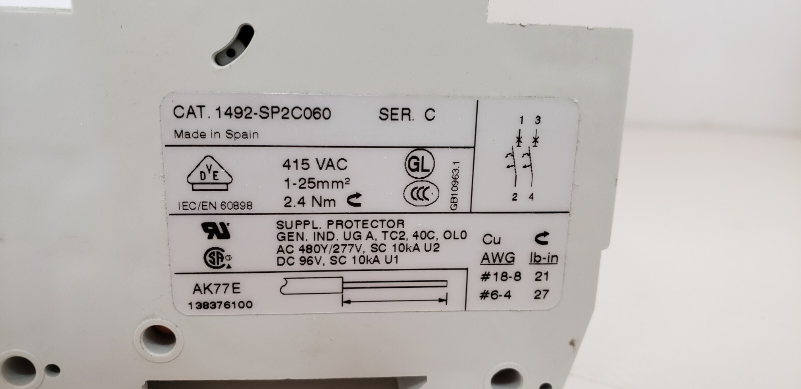 ALLEN BRADLEY 1492-SP2C060 CIRCUIT BREAKER, 6A, 2 POLE, 480Y/277V, SER C., NIB