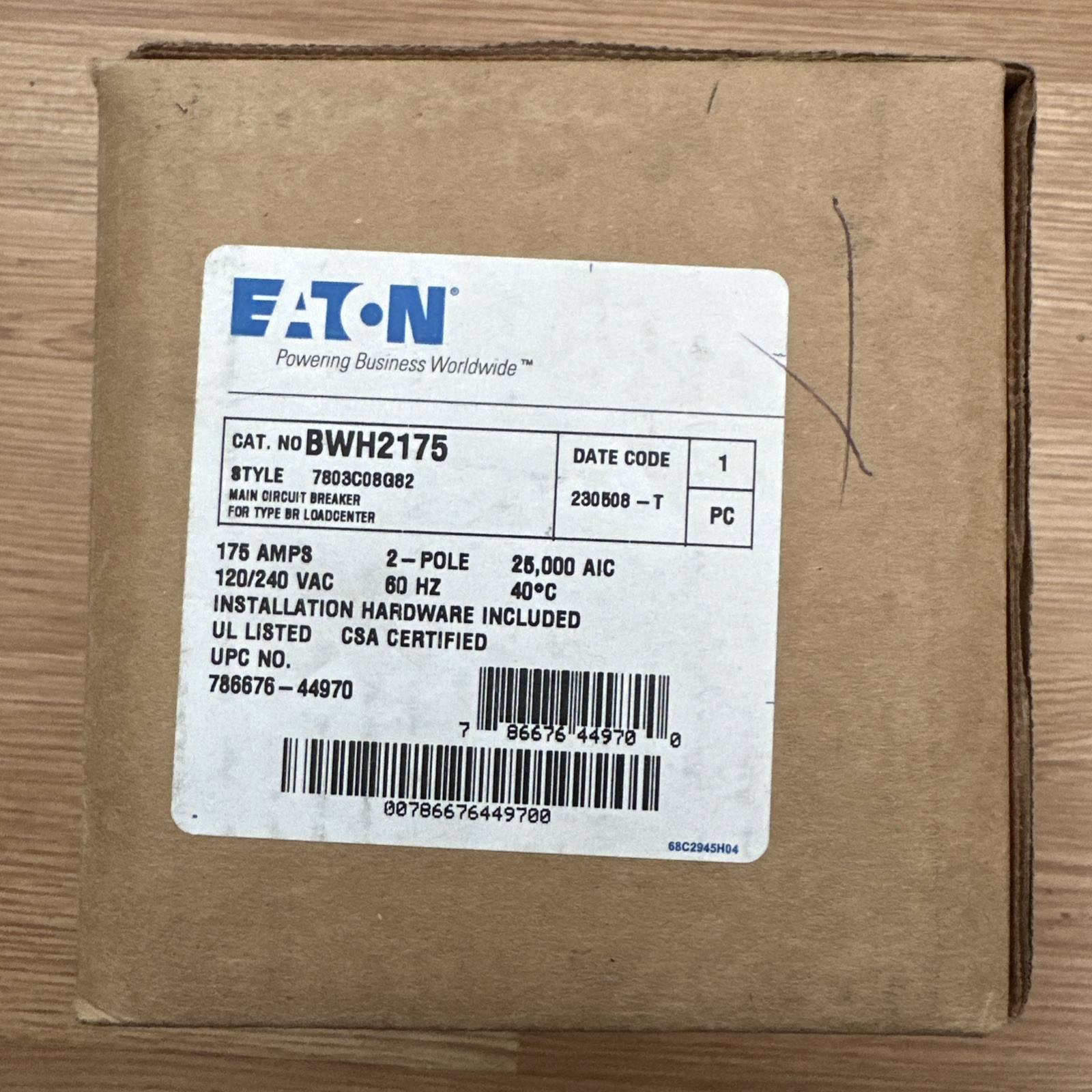 NEW Eaton BWH2175 175 Amp 2 Pole 120/240VAC Main Circuit Breaker