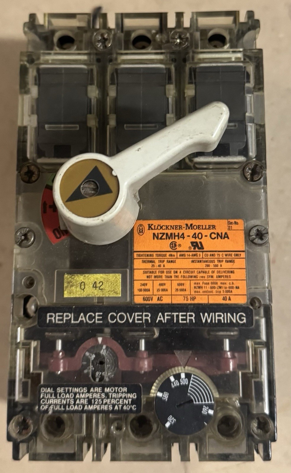 Klöckner-Moeller NZMH4-40-CNA Main Breaker 40A 3-Pole 600V AC Thermal Protection