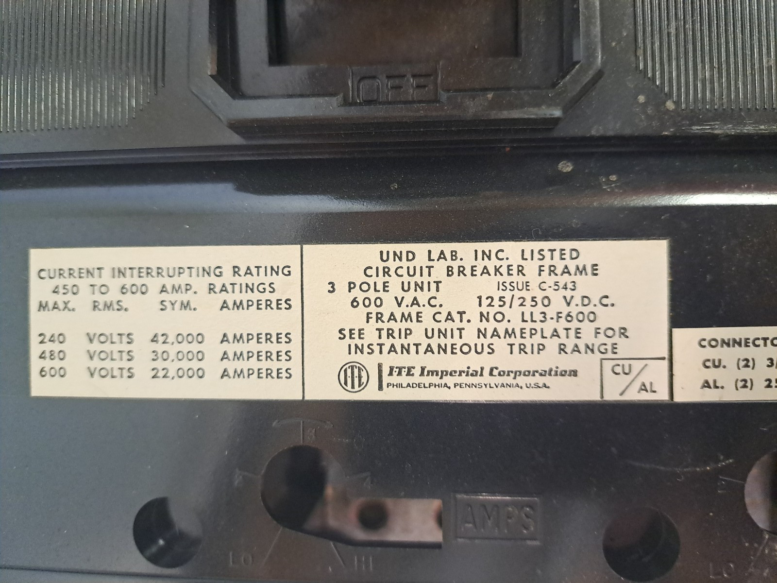 ITE Imperial LL3-F600 Circuit Breaker Frame NEW, damaged box