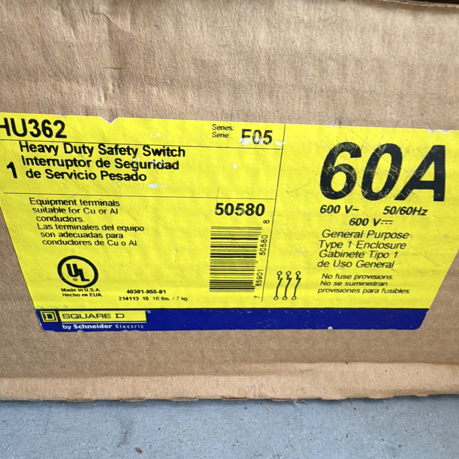 Square D 60A 600V AC Heavy Duty On/Off Safety Switch HU362