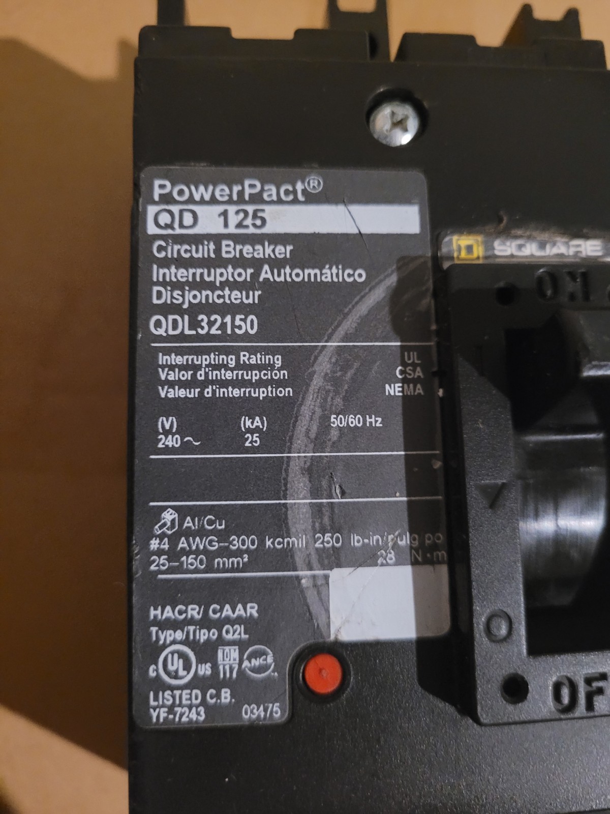 Square D QDL32150 150A 240V 3P 25KA Circuit Breaker