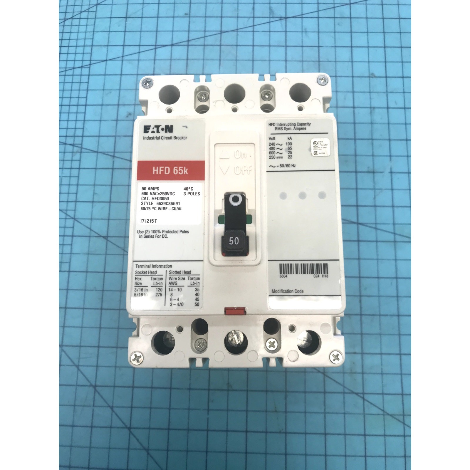 Eaton HFD3050 50A 3P 600V Circuit Breaker 65kA F-Frame Series C 6639C86G91
