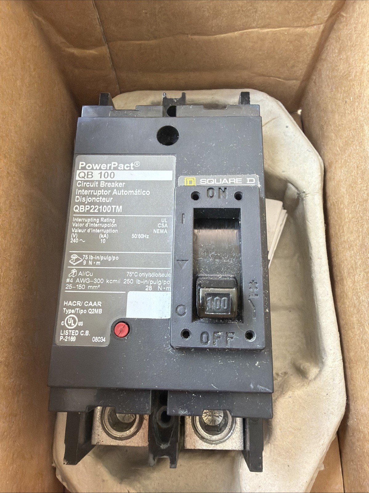 Square D QBP22100TM PowerPact 100A Circuit Breaker, 240V AC, 2-Pole