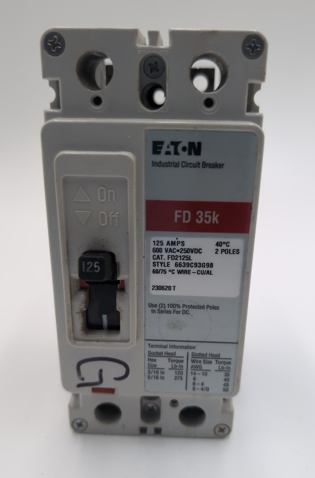Eaton FD2125L Circuit Breaker 125A 2P 600V FD 125 Amp 2 Pole