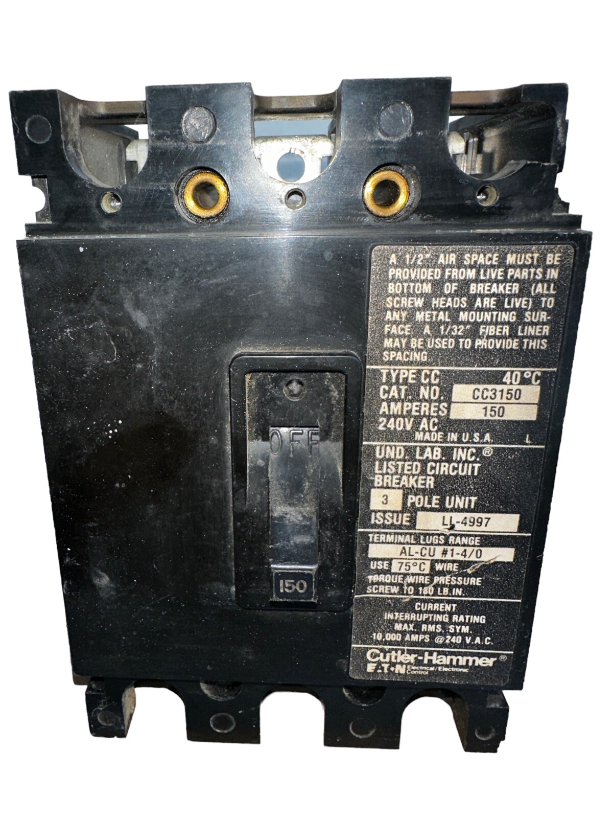 Eaton CC3150 Circuit Breaker 150A 3-Pole 240V Type CC Tenant Main