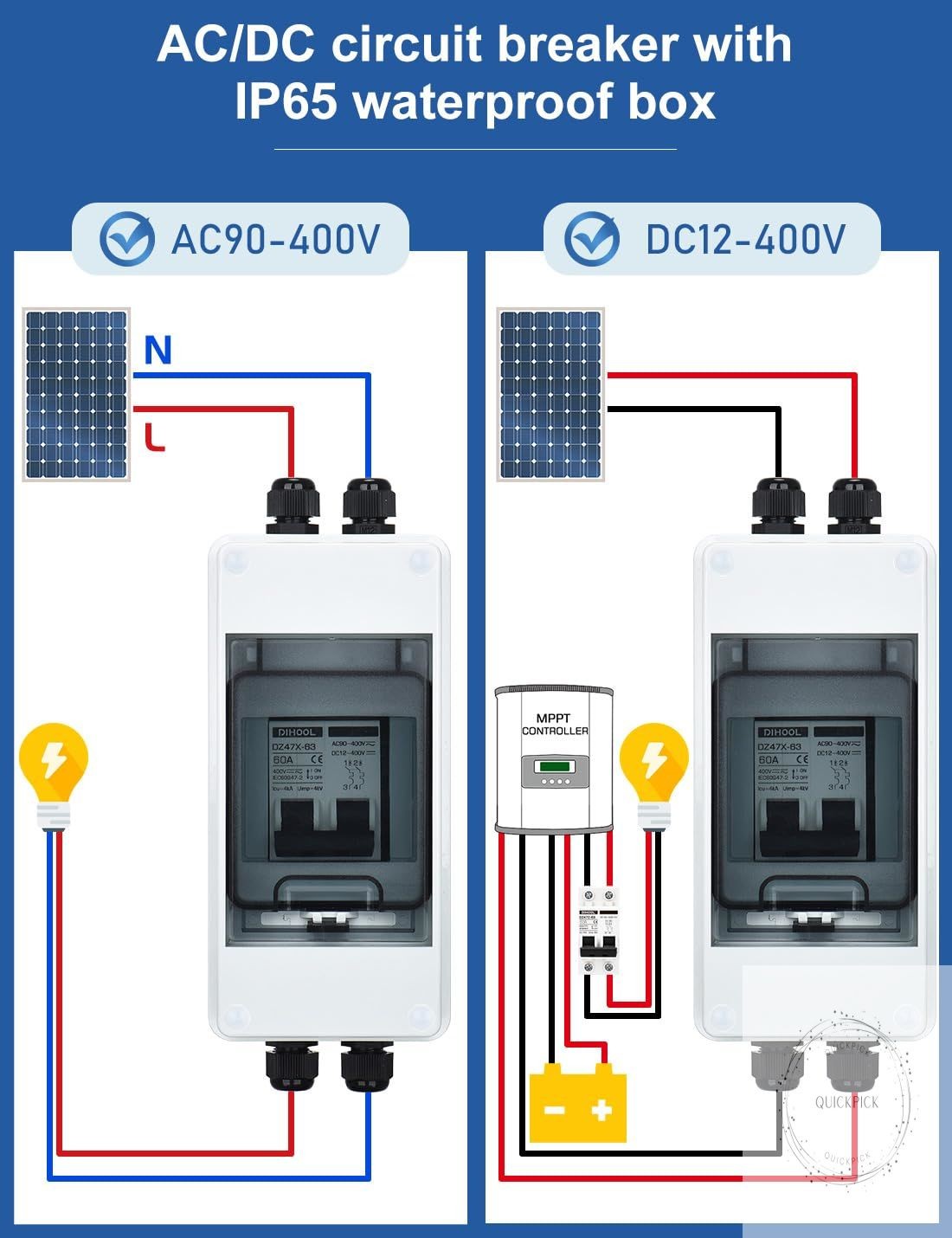 AC DC Circuit Breaker with IP65 Din Box for Solar Systems 60 Amp 2 Pole 12V-400V