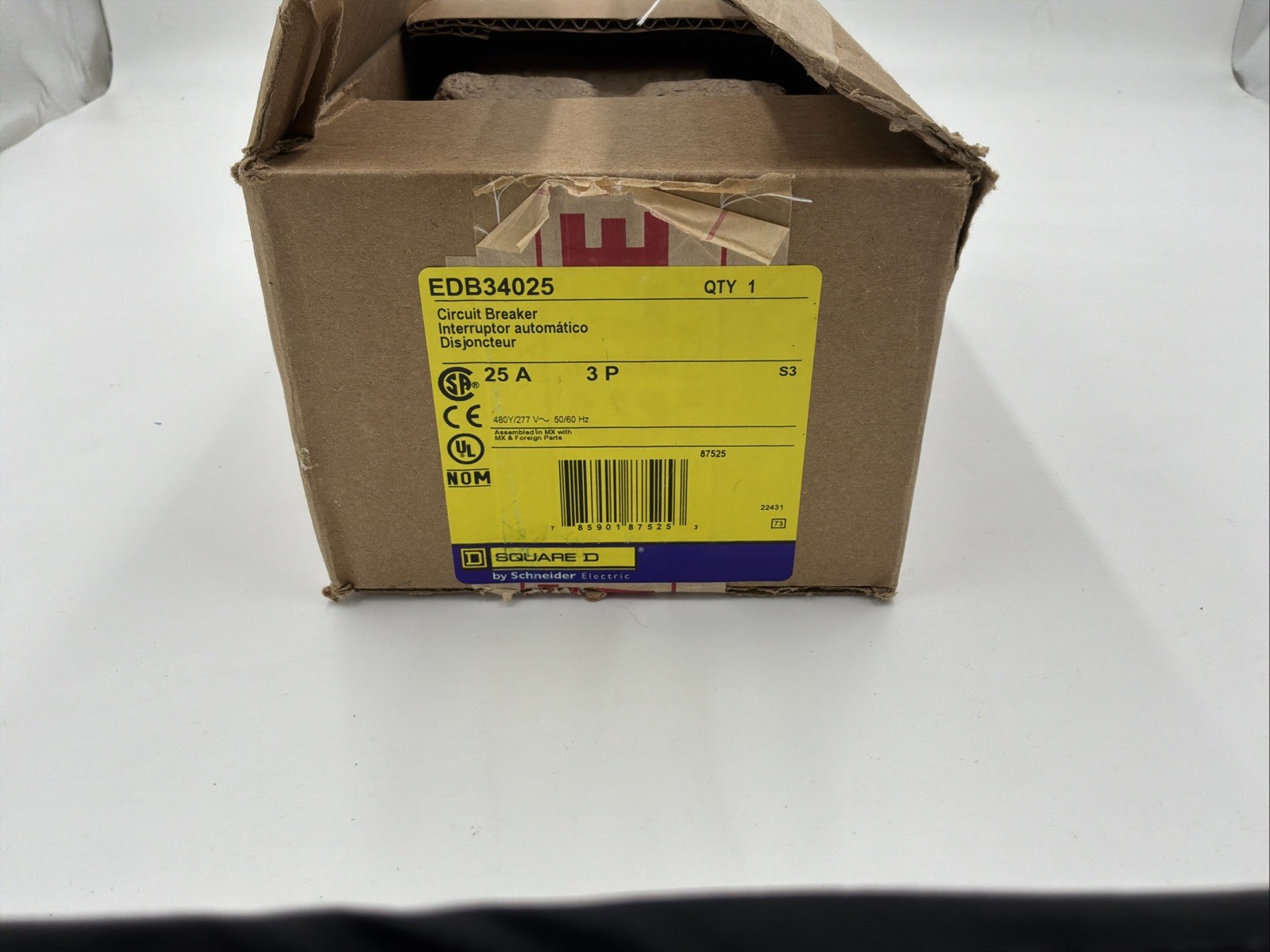 Square D EDB34025 Circuit Breaker, Open box 25a, 3 pole