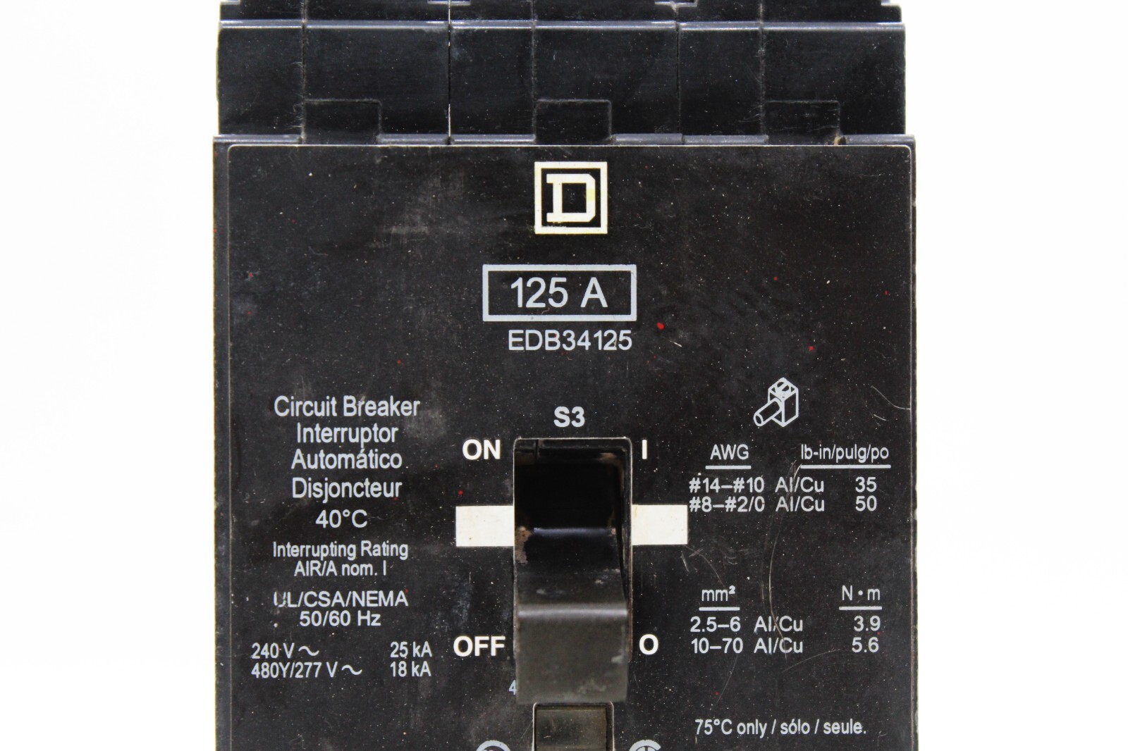 SQUARE D CIRCUIT BREAKER EDB34125 – 125 AMP 3 POLES
