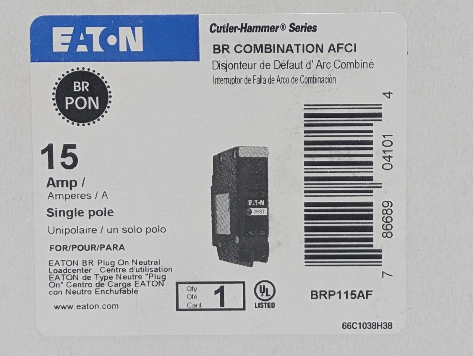 Eaton BRP115AF 120/240V 15A Single Phase Circuit Breaker – NEW IN BOX!