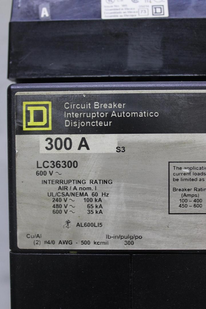 SQUARE D I-LINE CIRCUIT BREAKER LC36300 300 AMP 600 VAC 3-POLE