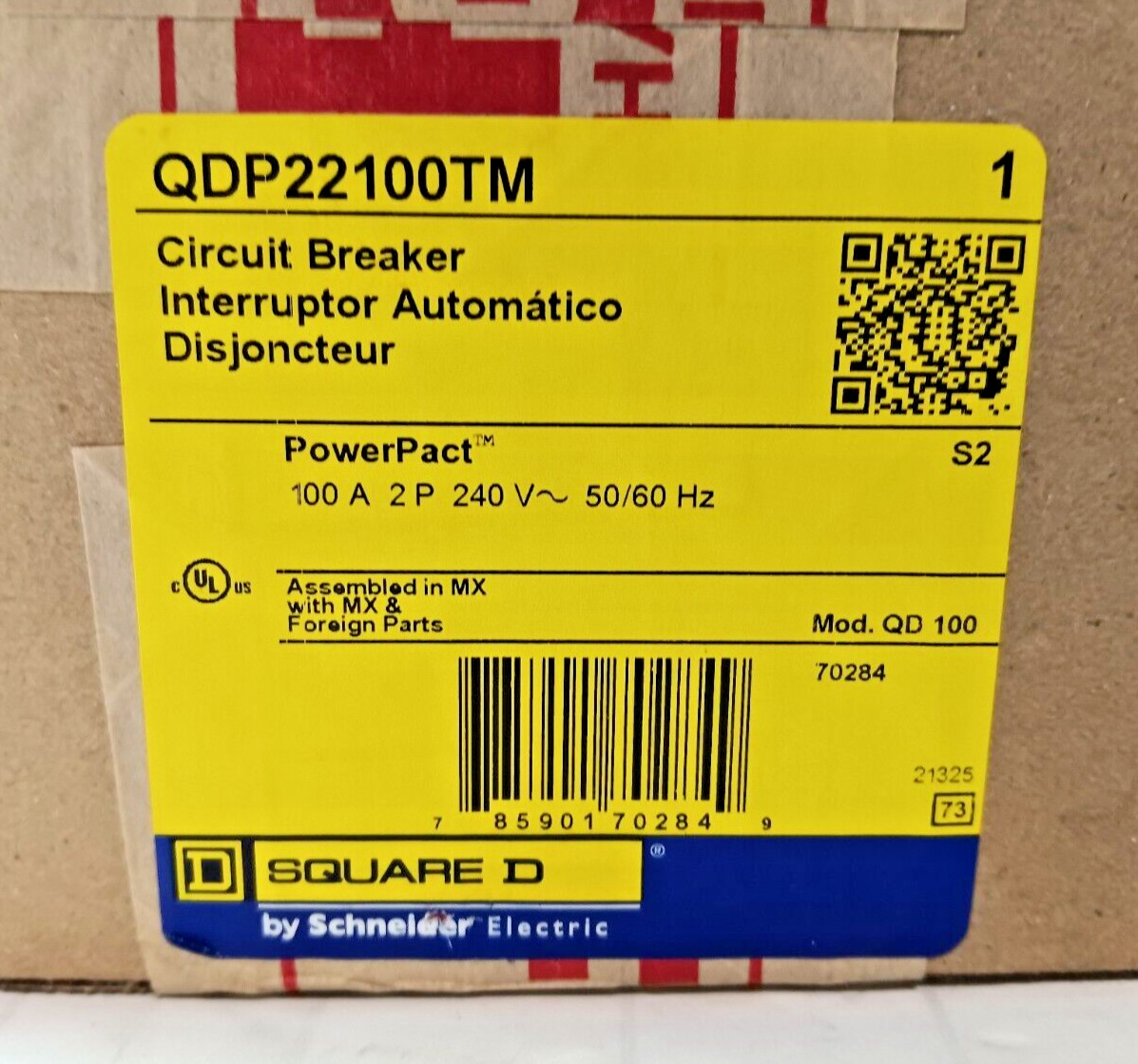 NEW SQUARE D POWERPACT 100 AMP CIRCUIT BREAKER 2 POLE 240 VAC QDP22100TM