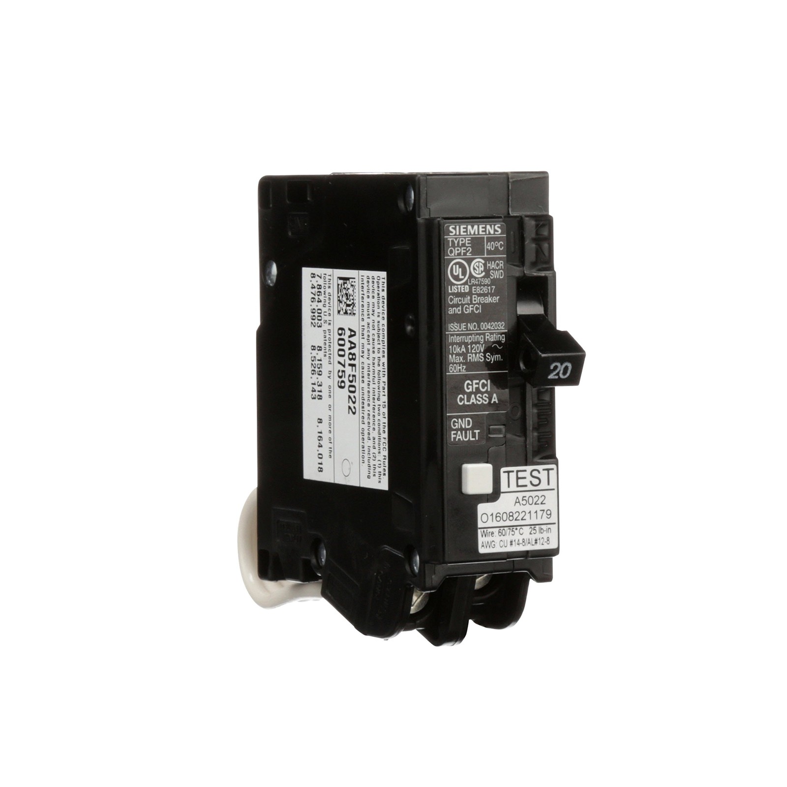 QF120A Gfci Circuit Breaker, Plug In, Testing, 20 Amp, 1-Pole, 120 Volt