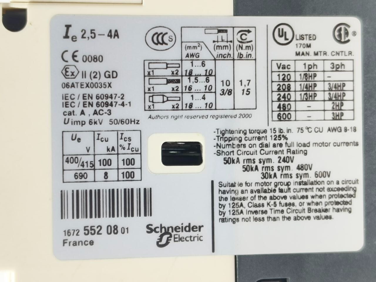 TELEMECANIQUE GV2-P08 2.5-4A MOTOR CIRCUIT BREAKER SCHNEIDER GV2P08 FREE SHIPING