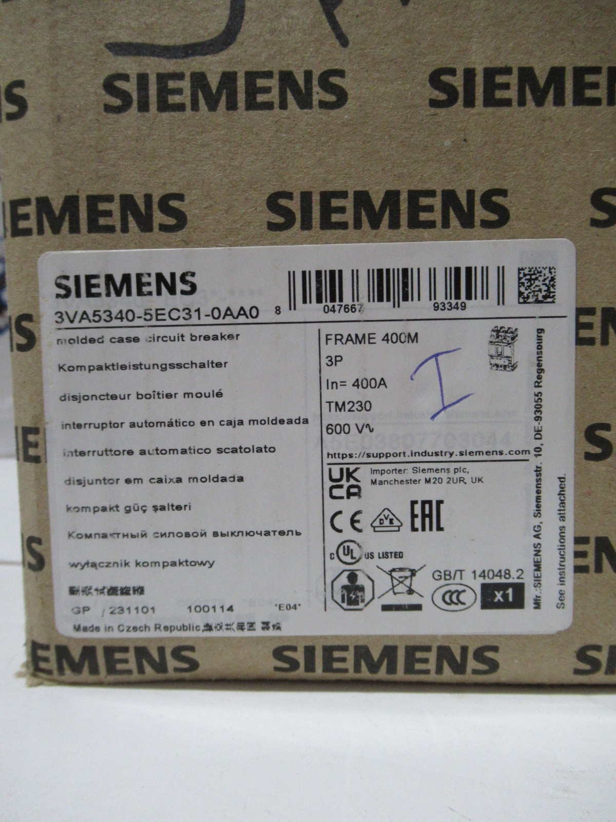 Siemens 3VA5340-5EC31-0AA0 Circuit Breaker 400 Amp 600 Volt 3 Pole 35K -NEW-B