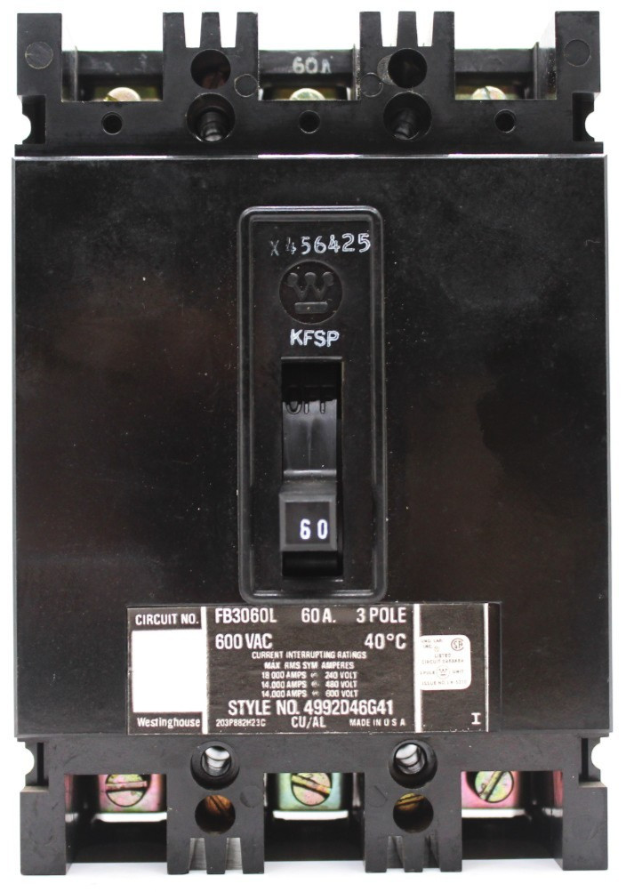 WESTINGHOUSE FB3060L CIRCUIT BREAKER 60 AMP 3 POLES 600 VAC (#25-012)
