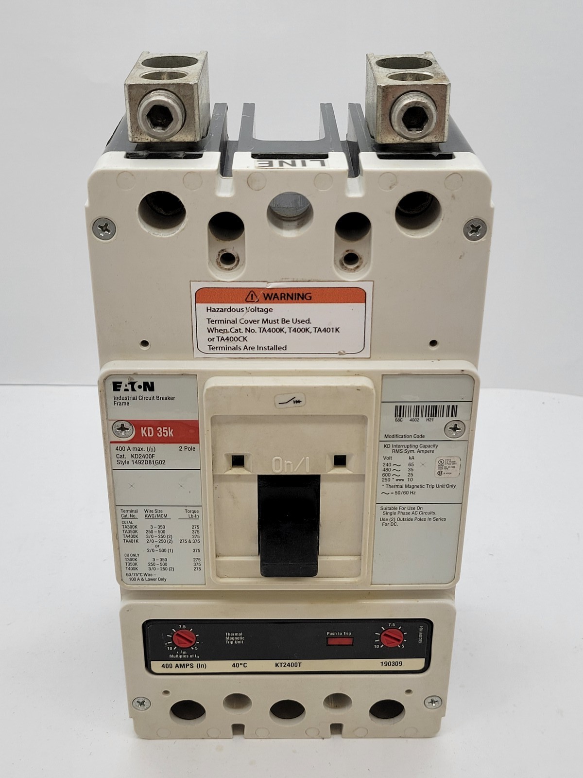 Eaton KD2400F Bolt-On Circuit Breaker 400A 2P 480V 1PH KD35K 400A KT2400T Trip